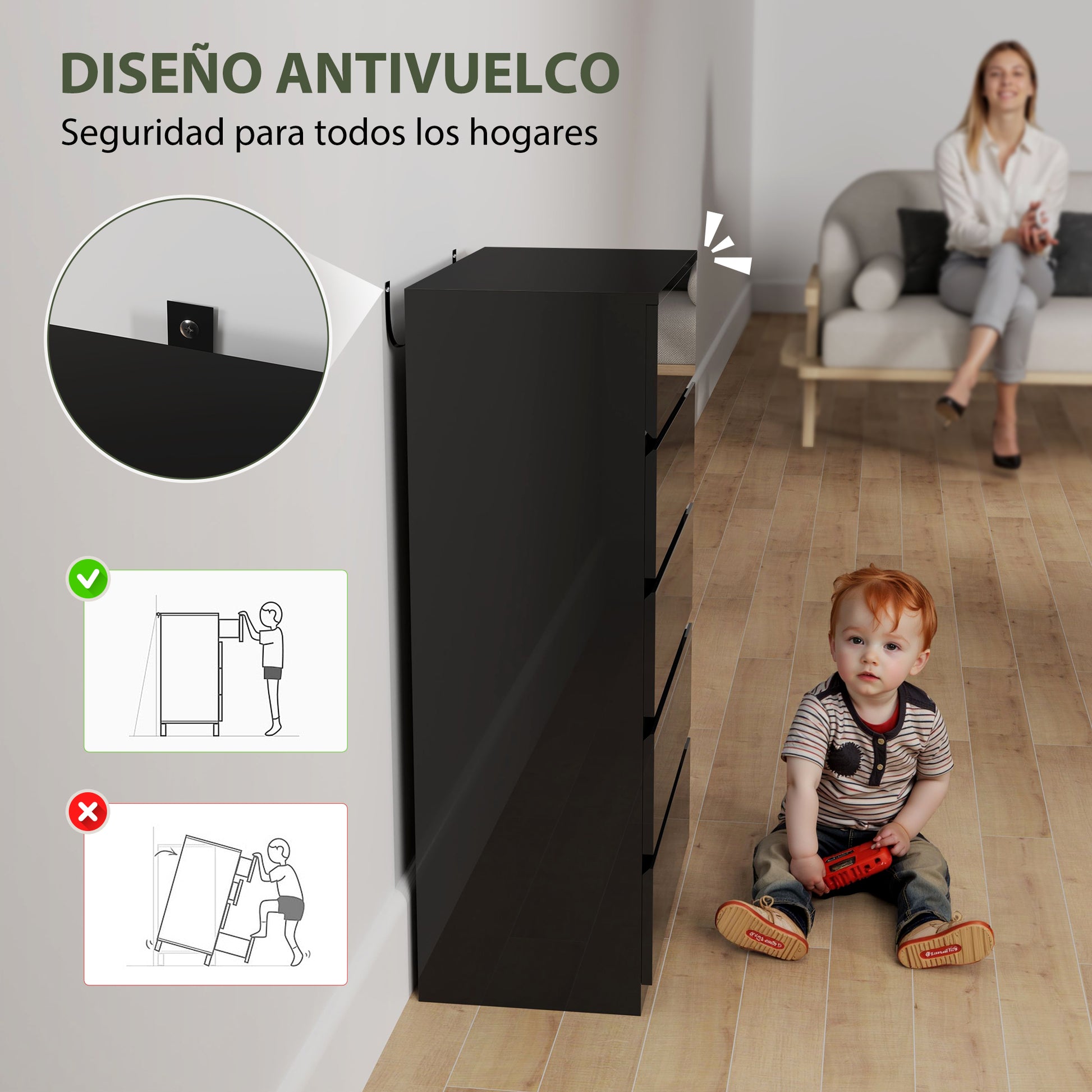 5-Drawer Chest Modern Bedroom Chest with Anti-Tipping Design Dresser for Living Room Hallway 55x34x100 cm Black Gloss