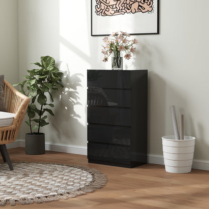 5-Drawer Chest Modern Bedroom Chest with Anti-Tipping Design Dresser for Living Room Hallway 55x34x100 cm Black Gloss