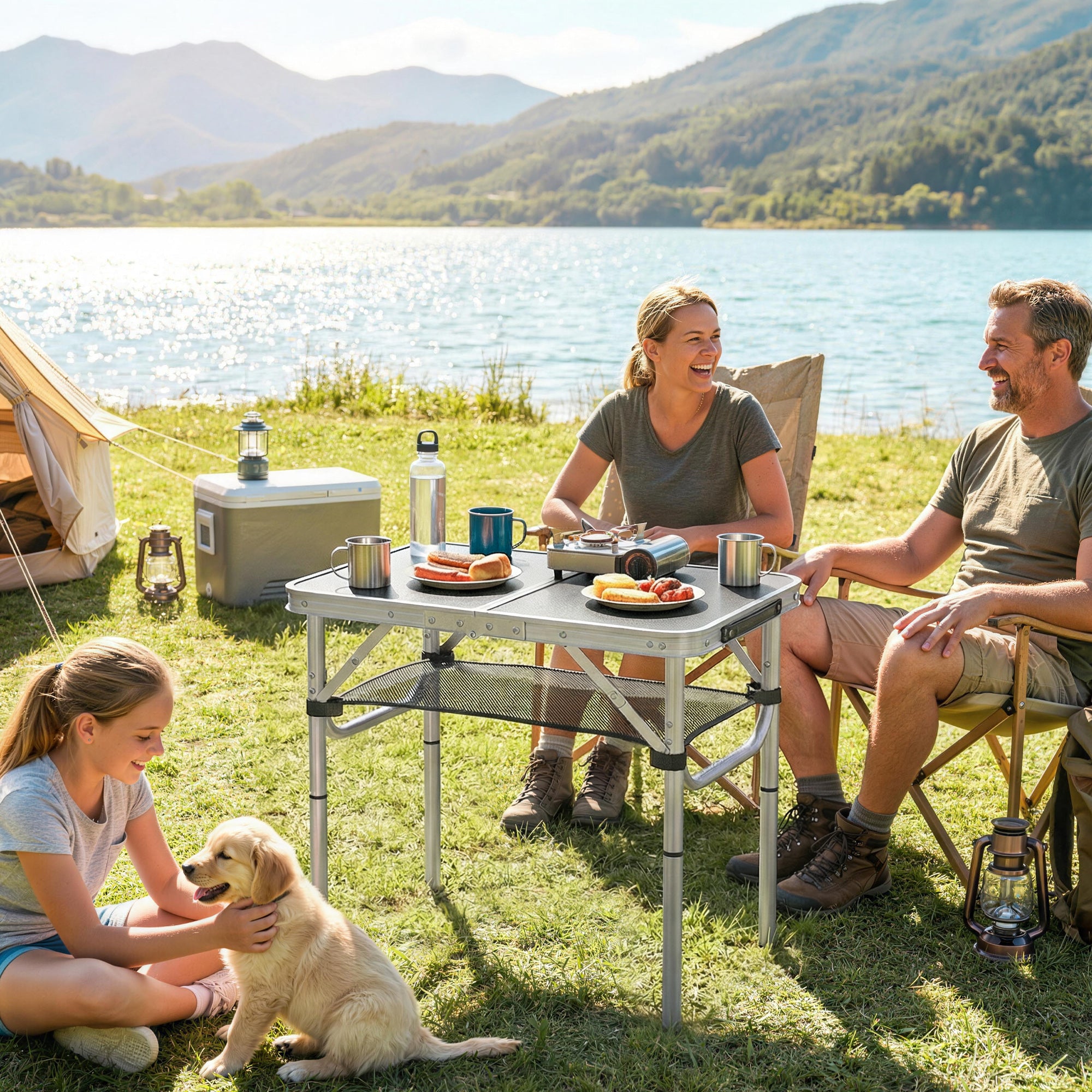 Folding Aluminum Camping Table, Rectangular 23.6 x 15.7 x 23.6 in, Carry Handle, 4 Adjustable Heights, Mesh Storage — Black