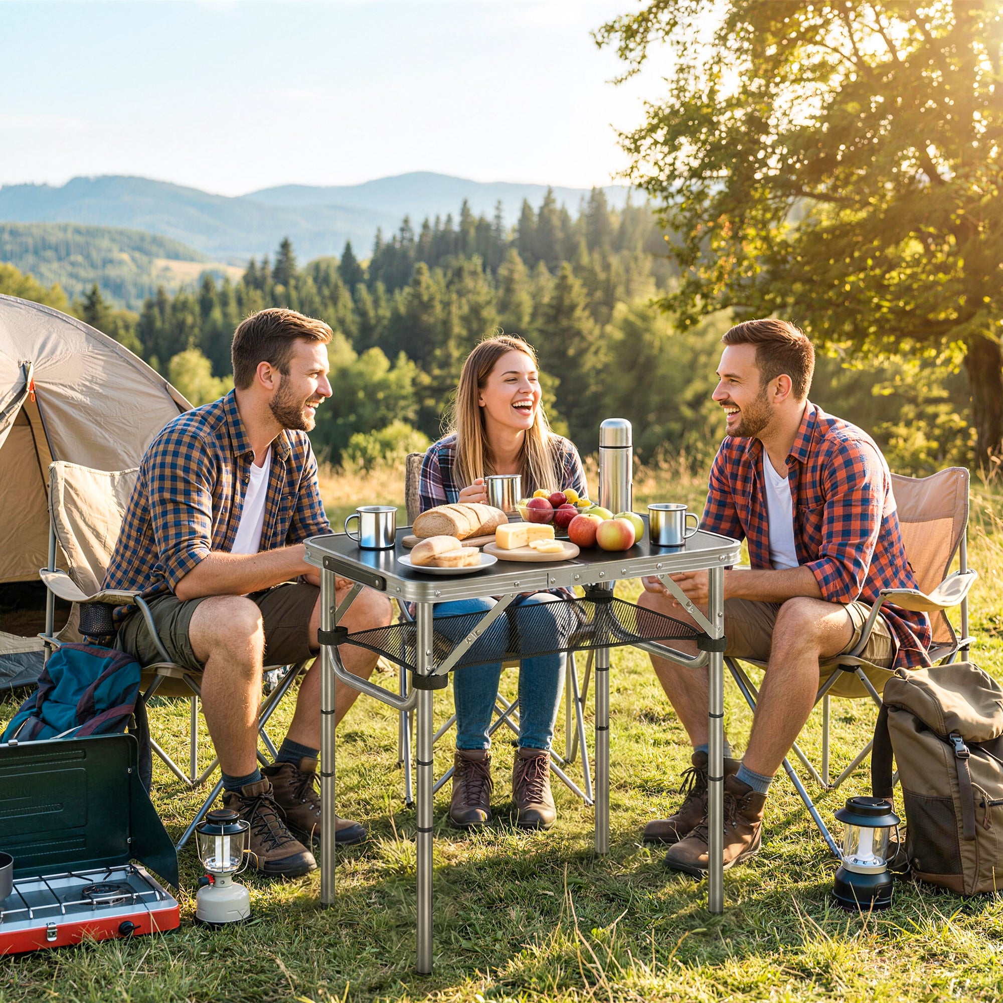 Folding Aluminum Camping Table, Rectangular 23.6 x 15.7 x 23.6 in, Carry Handle, 4 Adjustable Heights, Mesh Storage — Black