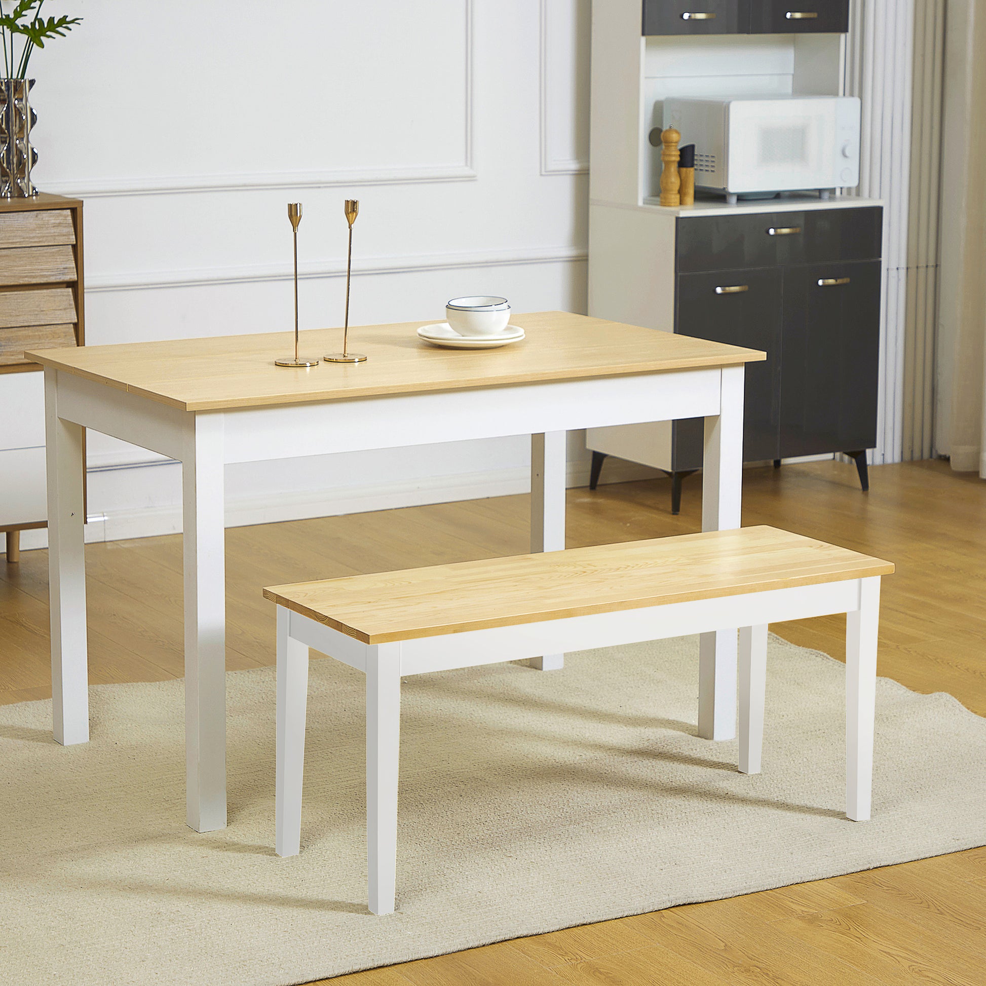 2-Seater Wooden Bench, Kitchen Bench Living Room Bench for Kitchen, Entrance, up to 220 kg Load Capacity, Pine Wood, Natural+White, 102 x 36 x 45 cm