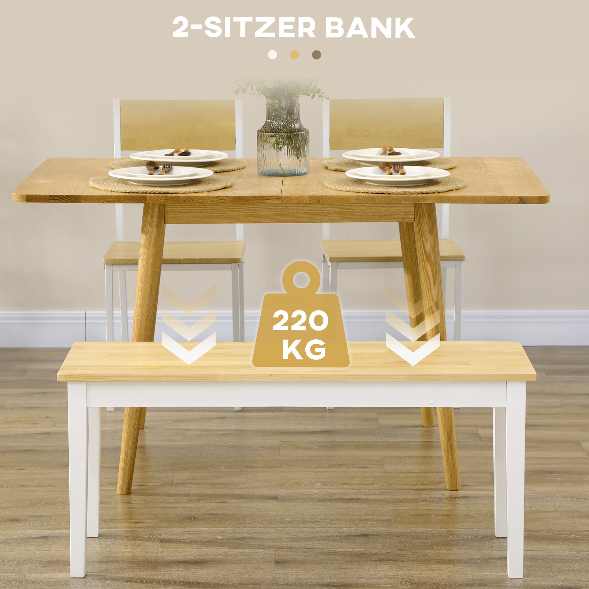 2-Seater Wooden Bench, Kitchen Bench Living Room Bench for Kitchen, Entrance, up to 220 kg Load Capacity, Pine Wood, Natural+White, 102 x 36 x 45 cm
