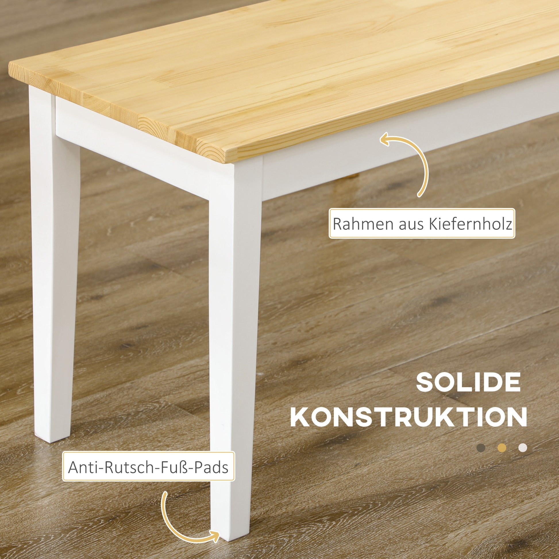 2-Seater Wooden Bench, Kitchen Bench Living Room Bench for Kitchen, Entrance, up to 220 kg Load Capacity, Pine Wood, Natural+White, 102 x 36 x 45 cm