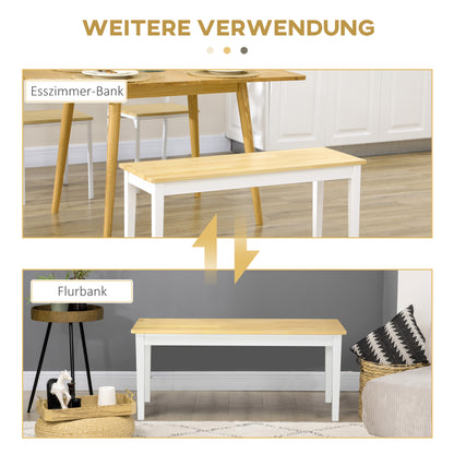 2-Seater Wooden Bench, Kitchen Bench Living Room Bench for Kitchen, Entrance, up to 220 kg Load Capacity, Pine Wood, Natural+White, 102 x 36 x 45 cm