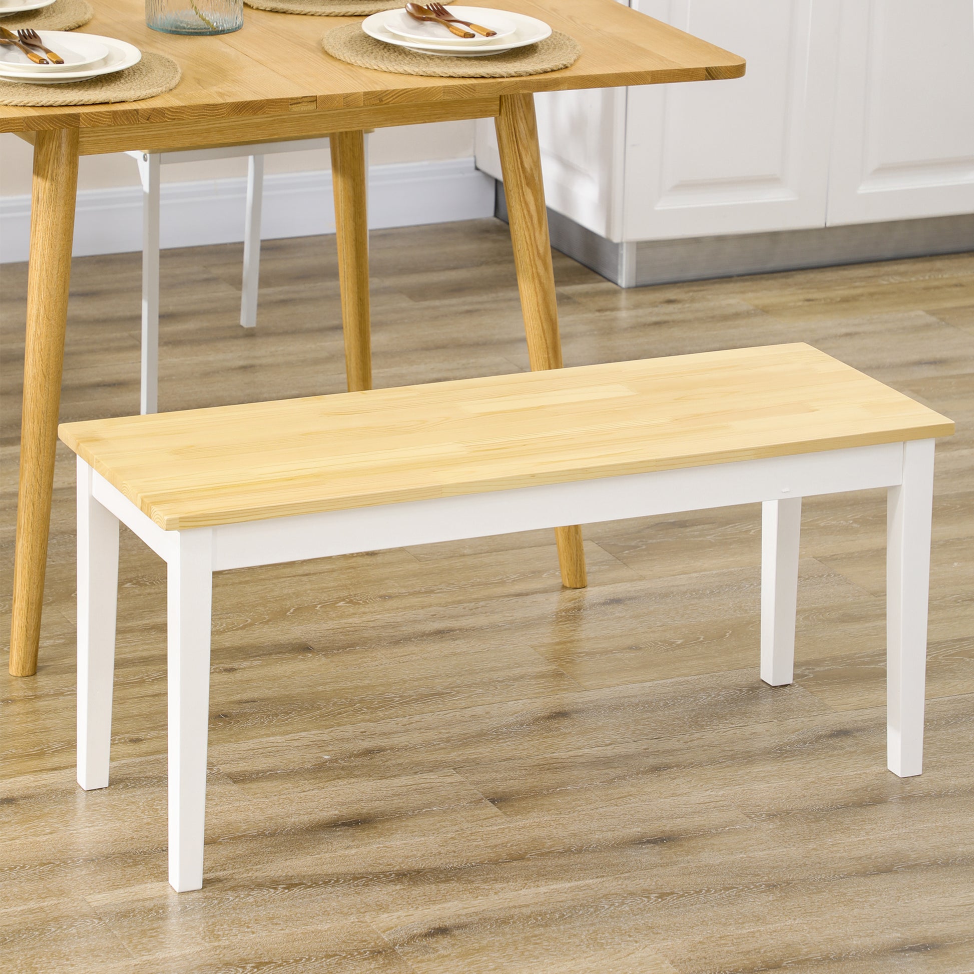 2-Seater Wooden Bench, Kitchen Bench Living Room Bench for Kitchen, Entrance, up to 220 kg Load Capacity, Pine Wood, Natural+White, 102 x 36 x 45 cm