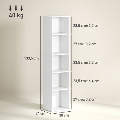 Bookshelf, 5-Tier Storage Shelf with Adjustable Shelves for Living Room, Bedroom, Office, 30 x 24 x 133.5 cm, White