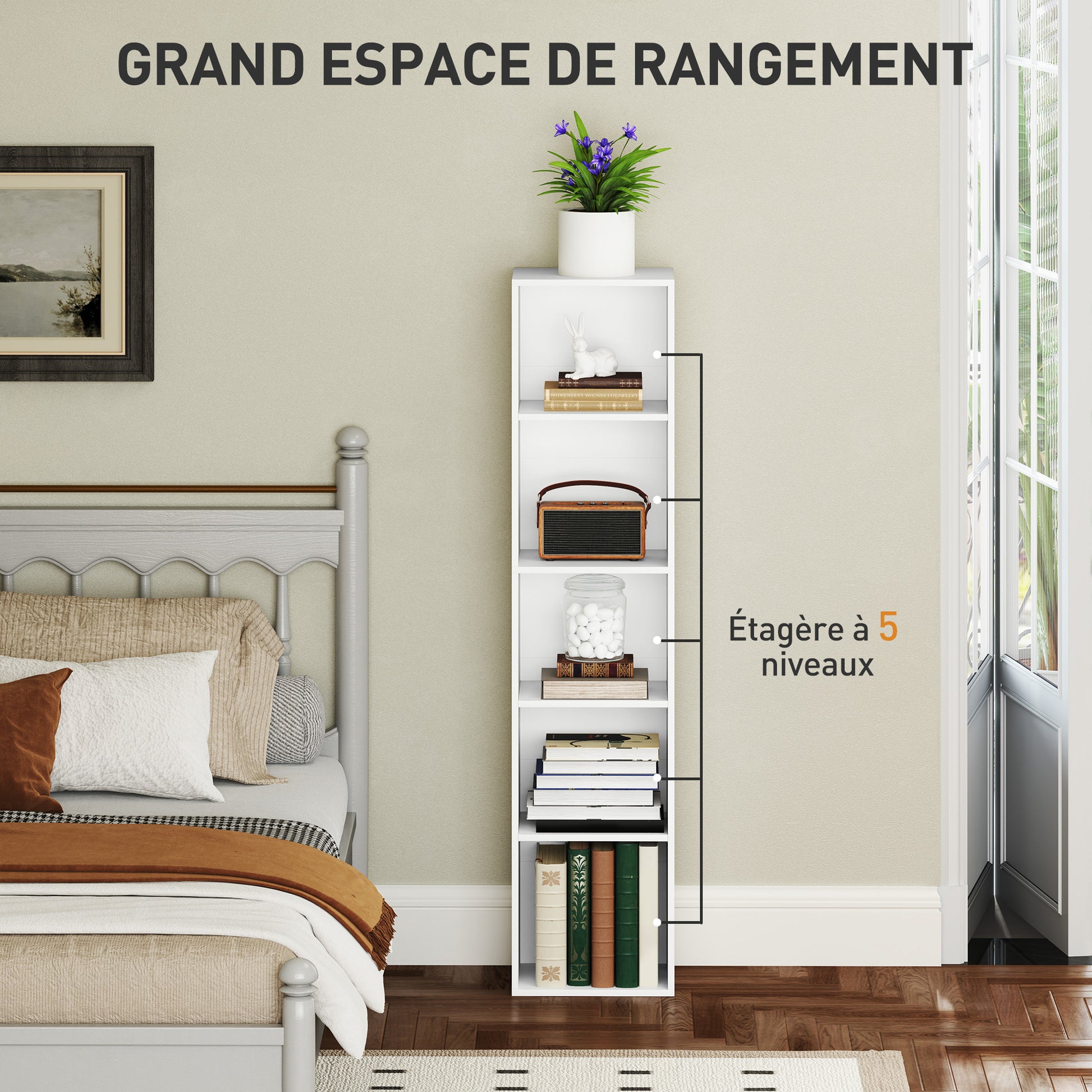 Bookshelf, 5-Tier Storage Shelf with Adjustable Shelves for Living Room, Bedroom, Office, 30 x 24 x 133.5 cm, White