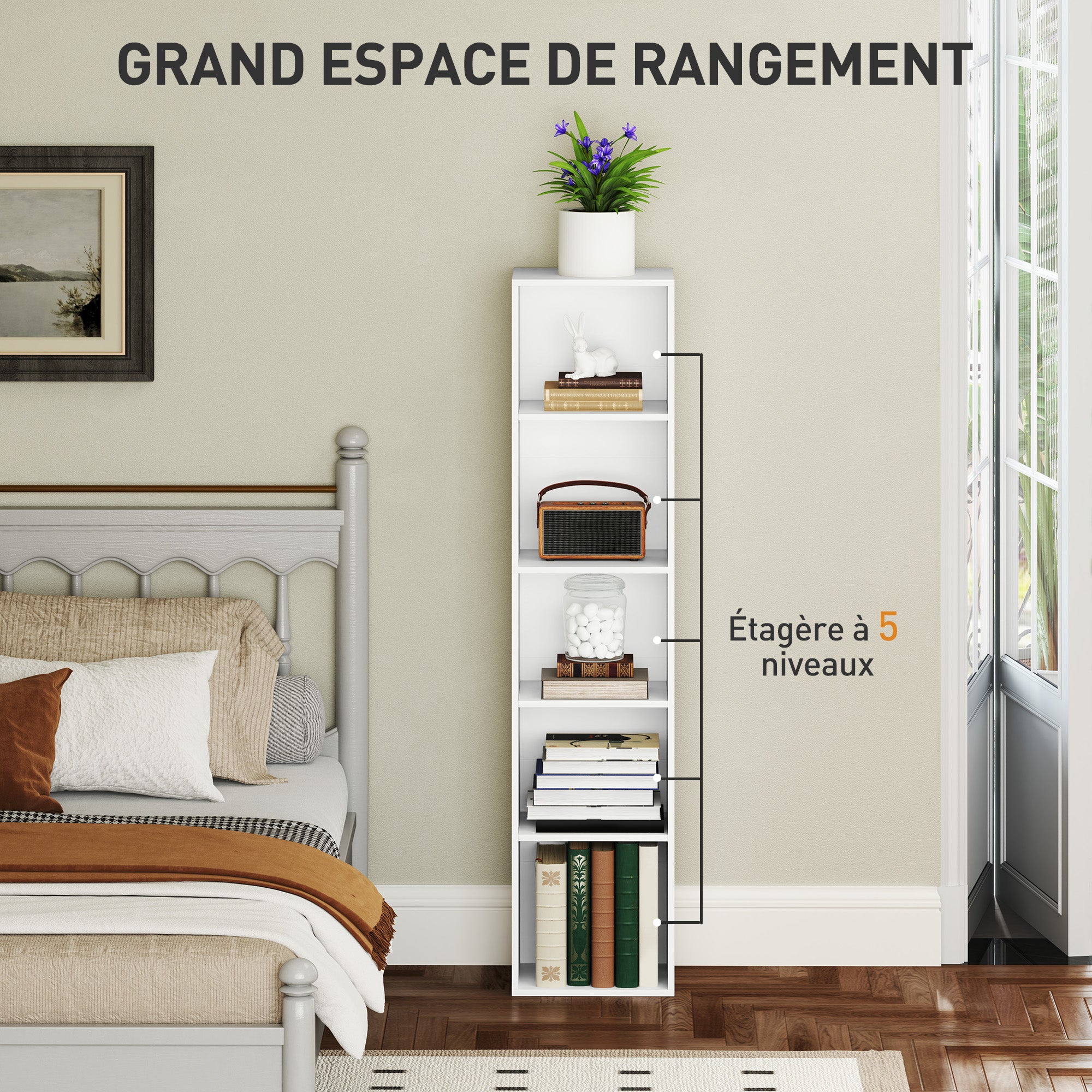 Bookshelf, 5-Tier Storage Shelf with Adjustable Shelves for Living Room, Bedroom, Office, 30 x 24 x 133.5 cm, White