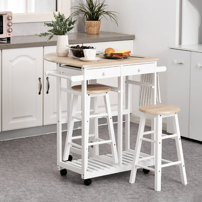 Folding Bar Table Set on Wheels with Shelf and 2 Drawers + 2 Stools Pine Wood MDF White Light Oak