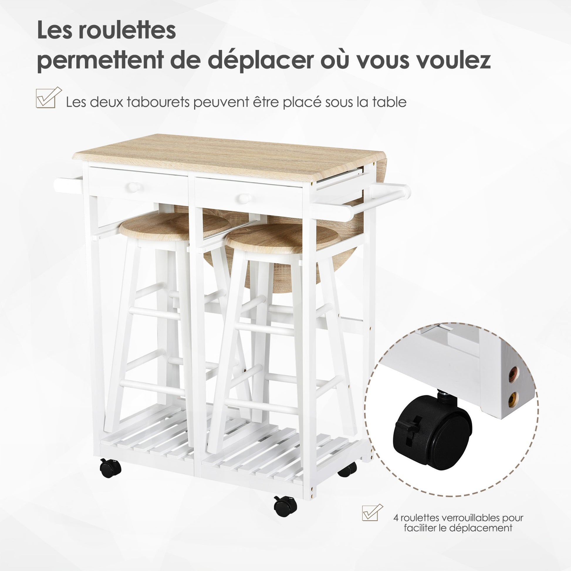 Folding Bar Table Set on Wheels with Shelf and 2 Drawers + 2 Stools Pine Wood MDF White Light Oak