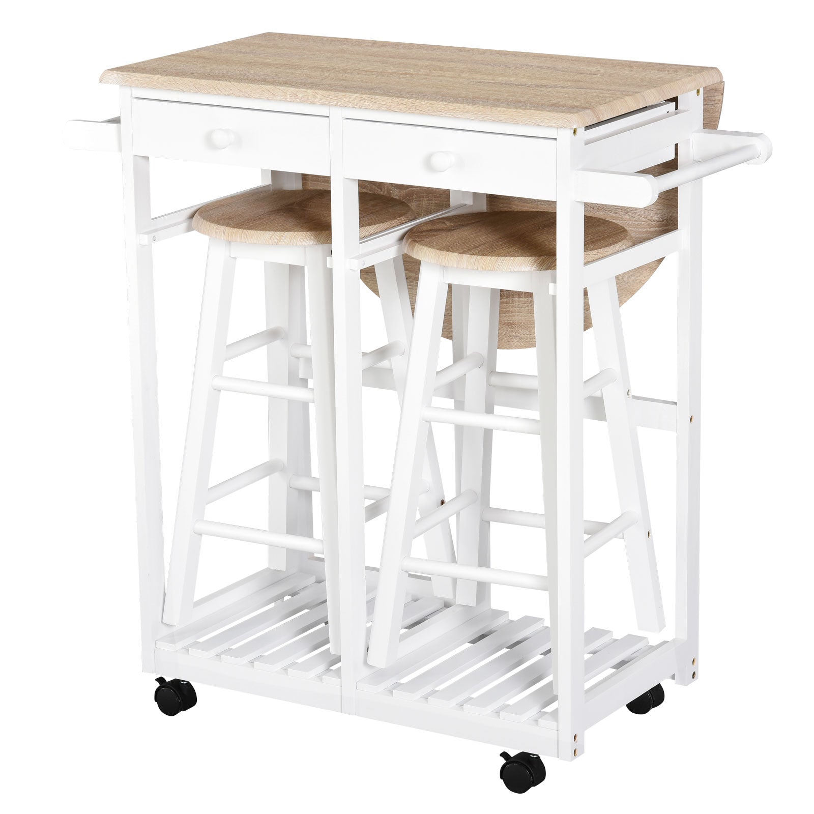 Folding Bar Table Set on Wheels with Shelf and 2 Drawers + 2 Stools Pine Wood MDF White Light Oak