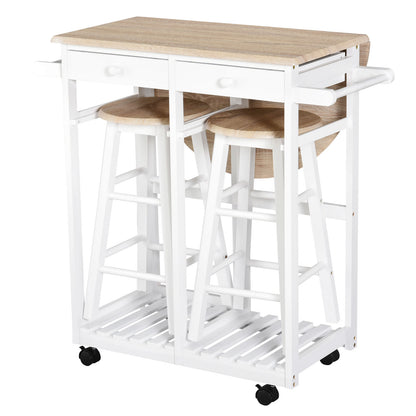 Folding Bar Table Set on Wheels with Shelf and 2 Drawers + 2 Stools Pine Wood MDF White Light Oak