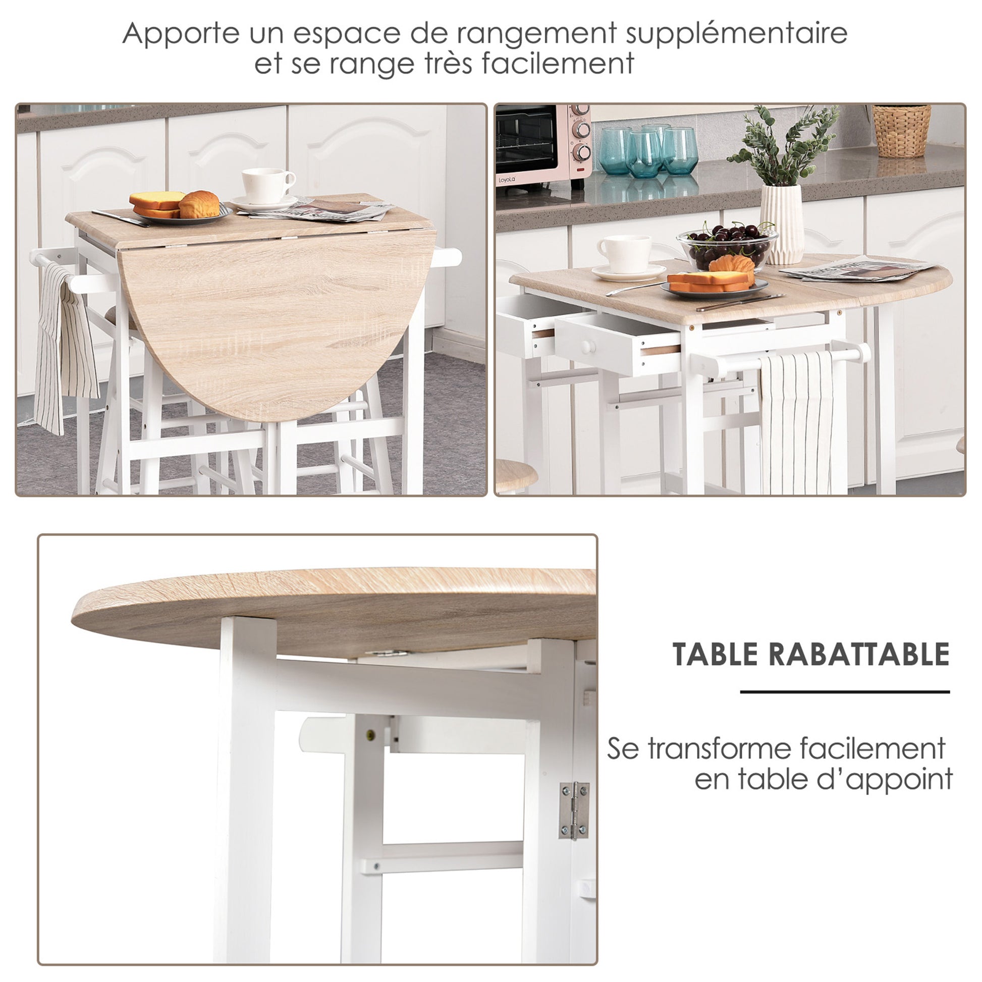 Folding Bar Table Set on Wheels with Shelf and 2 Drawers + 2 Stools Pine Wood MDF White Light Oak