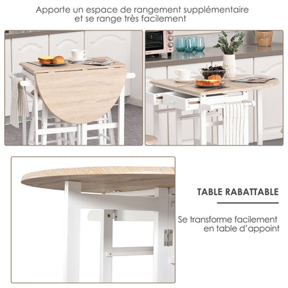 Folding Bar Table Set on Wheels with Shelf and 2 Drawers + 2 Stools Pine Wood MDF White Light Oak