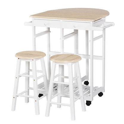 Folding Bar Table Set on Wheels with Shelf and 2 Drawers + 2 Stools Pine Wood MDF White Light Oak
