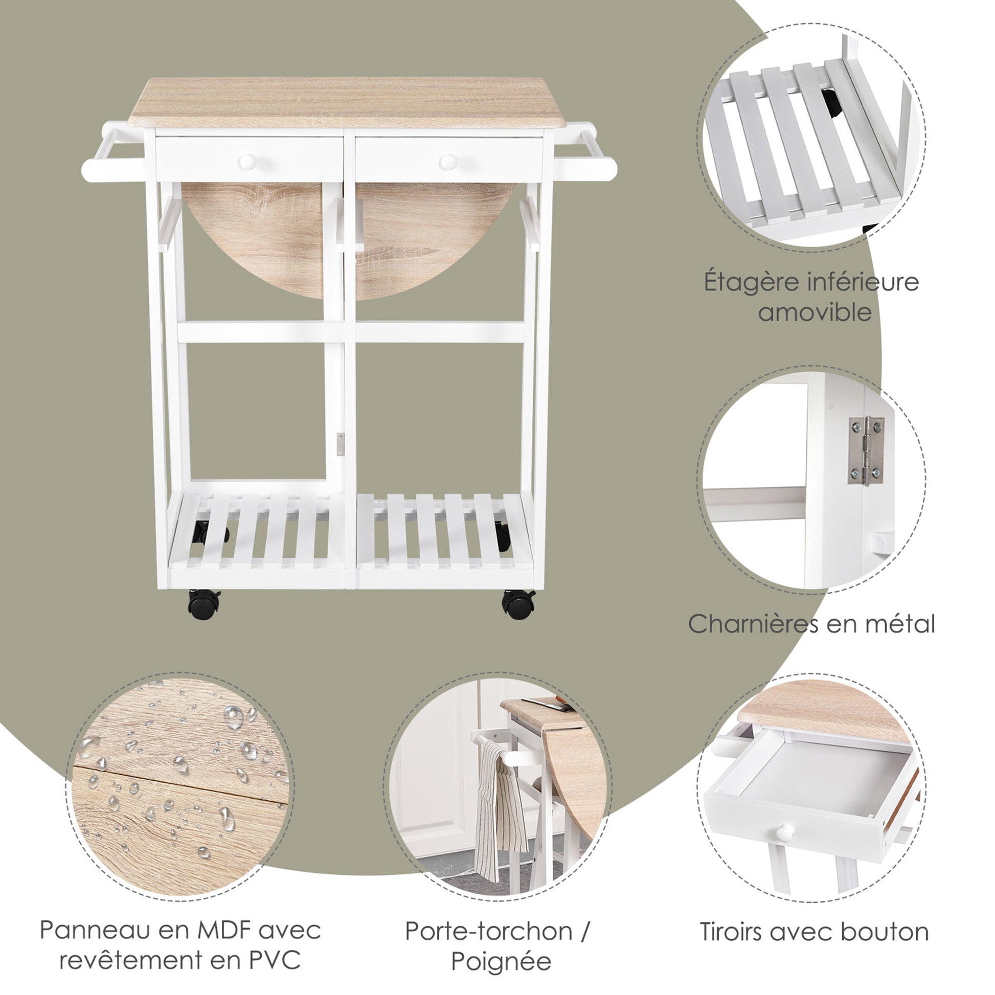 Folding Bar Table Set on Wheels with Shelf and 2 Drawers + 2 Stools Pine Wood MDF White Light Oak
