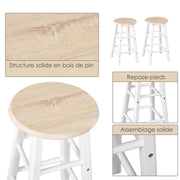 Folding Bar Table Set on Wheels with Shelf and 2 Drawers + 2 Stools Pine Wood MDF White Light Oak