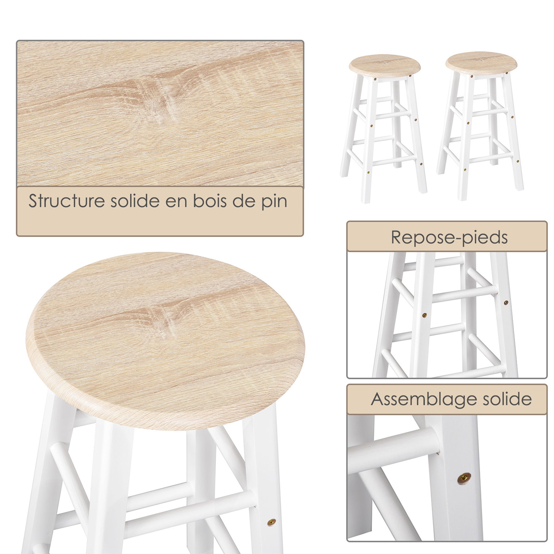 Folding Bar Table Set on Wheels with Shelf and 2 Drawers + 2 Stools Pine Wood MDF White Light Oak
