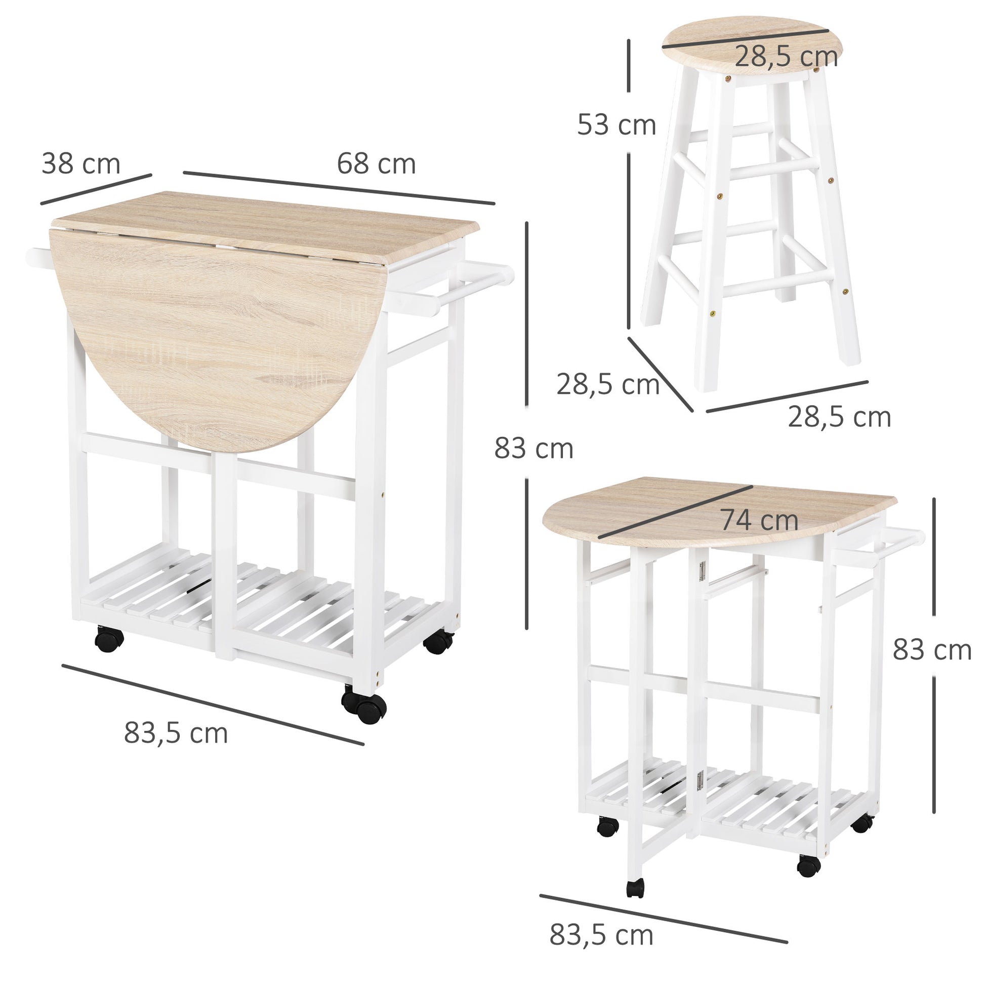 Folding Bar Table Set on Wheels with Shelf and 2 Drawers + 2 Stools Pine Wood MDF White Light Oak