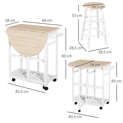 Folding Bar Table Set on Wheels with Shelf and 2 Drawers + 2 Stools Pine Wood MDF White Light Oak