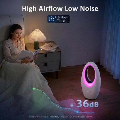 Bladeless Tower Fan for Bedroom, 36 dB Quiet, 60° Oscillation, LED Lighting, 3 Speeds, 7.5-Hour Timer, Remote Control, White