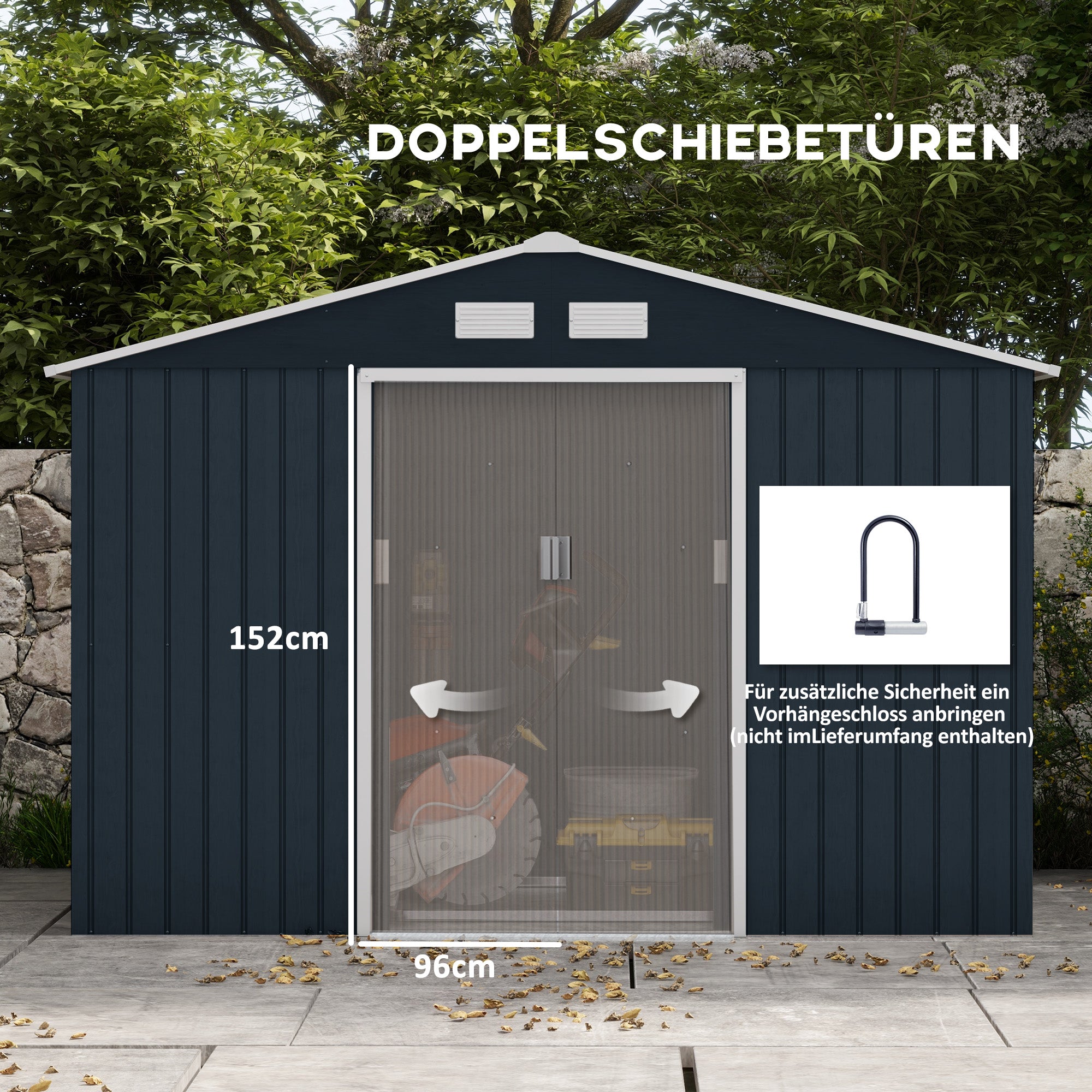 Toolhouse 4.9 m², Garden House with Gable Roof, Sliding Door, Foundation, 277 x 195 x 192 cm, Toolshed Made of Galvanized Steel, Weatherproof, for Garden, Dark Gray