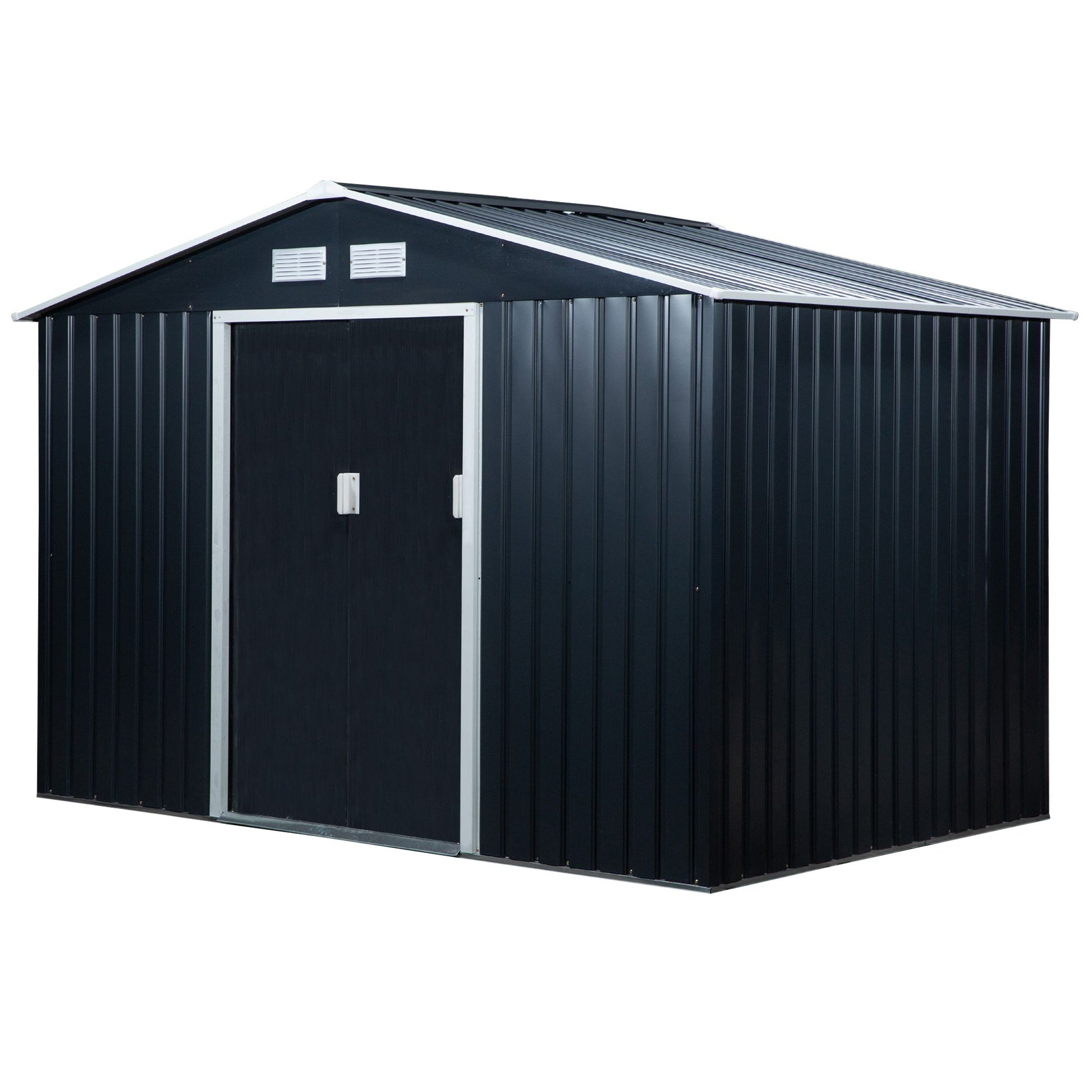 Toolhouse 4.9 m², Garden House with Gable Roof, Sliding Door, Foundation, 277 x 195 x 192 cm, Toolshed Made of Galvanized Steel, Weatherproof, for Garden, Dark Gray