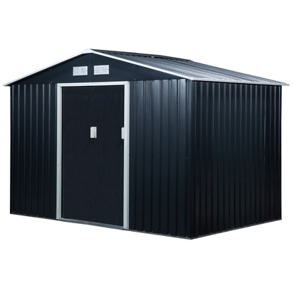 Toolhouse 4.9 m², Garden House with Gable Roof, Sliding Door, Foundation, 277 x 195 x 192 cm, Toolshed Made of Galvanized Steel, Weatherproof, for Garden, Dark Gray