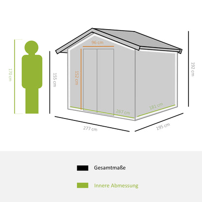 Toolhouse 4.9 m², Garden House with Gable Roof, Sliding Door, Foundation, 277 x 195 x 192 cm, Toolshed Made of Galvanized Steel, Weatherproof, for Garden, Dark Gray