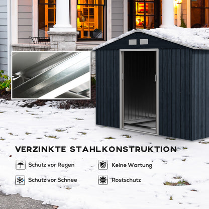 Toolhouse 4.9 m², Garden House with Gable Roof, Sliding Door, Foundation, 277 x 195 x 192 cm, Toolshed Made of Galvanized Steel, Weatherproof, for Garden, Dark Gray