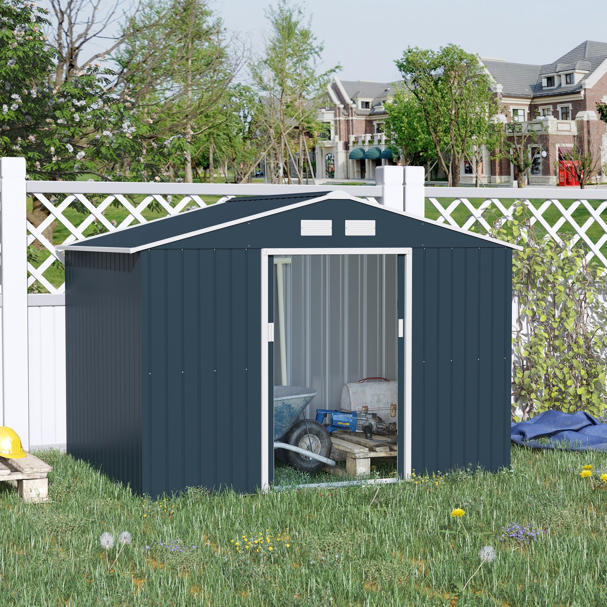 Toolhouse 4.9 m², Garden House with Gable Roof, Sliding Door, Foundation, 277 x 195 x 192 cm, Toolshed Made of Galvanized Steel, Weatherproof, for Garden, Dark Gray