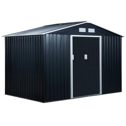 Toolhouse 4.9 m², Garden House with Gable Roof, Sliding Door, Foundation, 277 x 195 x 192 cm, Toolshed Made of Galvanized Steel, Weatherproof, for Garden, Dark Gray