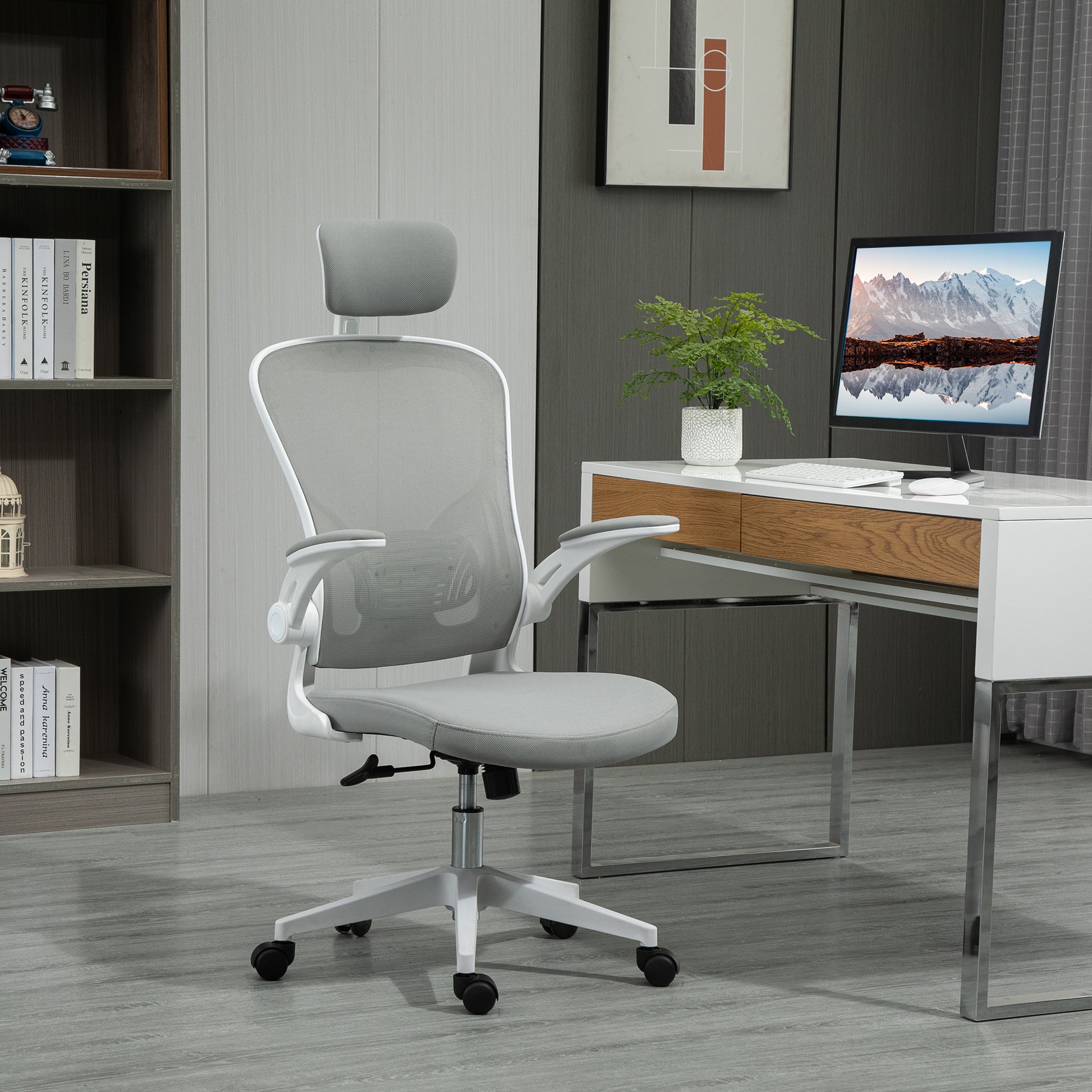 Office Chair Ergonomic Desk Chair with Rocking Function High Back Lumbar Support Headrest Foldable Arms Home Office Gray 65 x 64 x 114-122 cm
