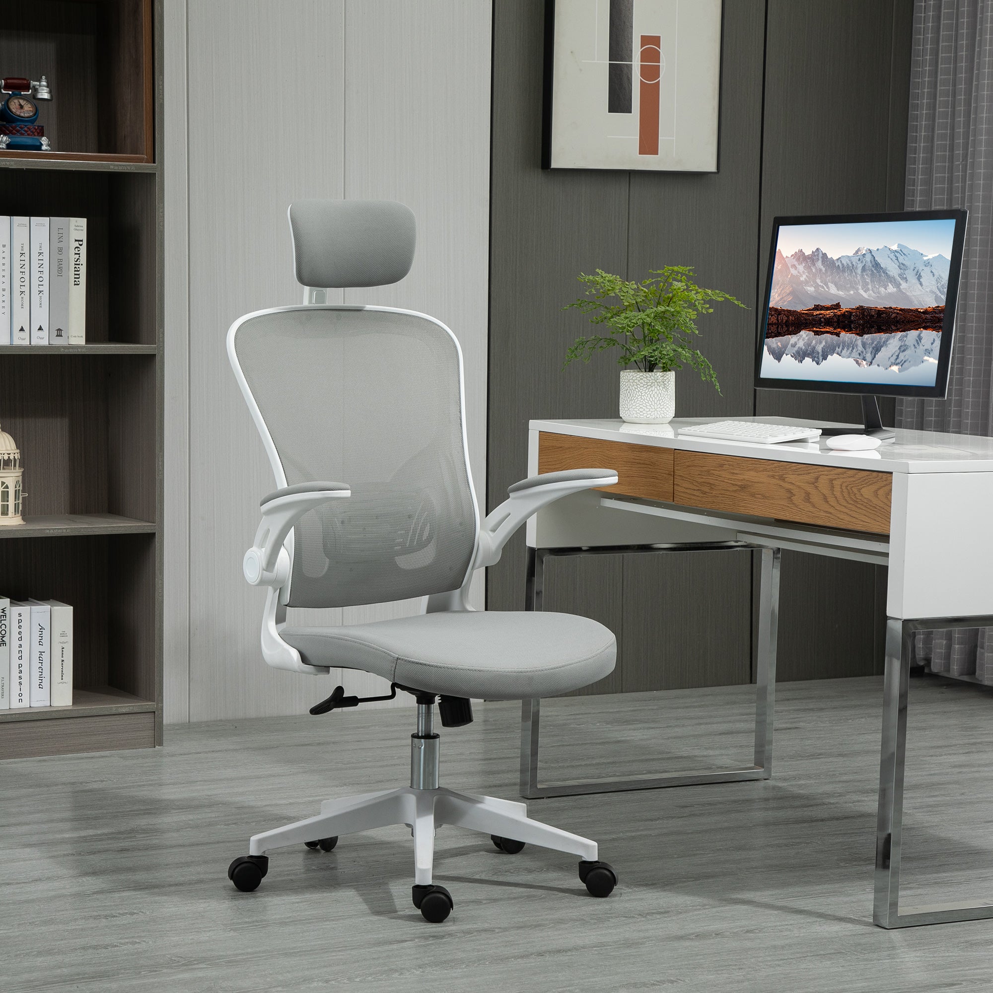 Office Chair Ergonomic Desk Chair with Rocking Function High Back Lumbar Support Headrest Foldable Arms Home Office Gray 65 x 64 x 114-122 cm