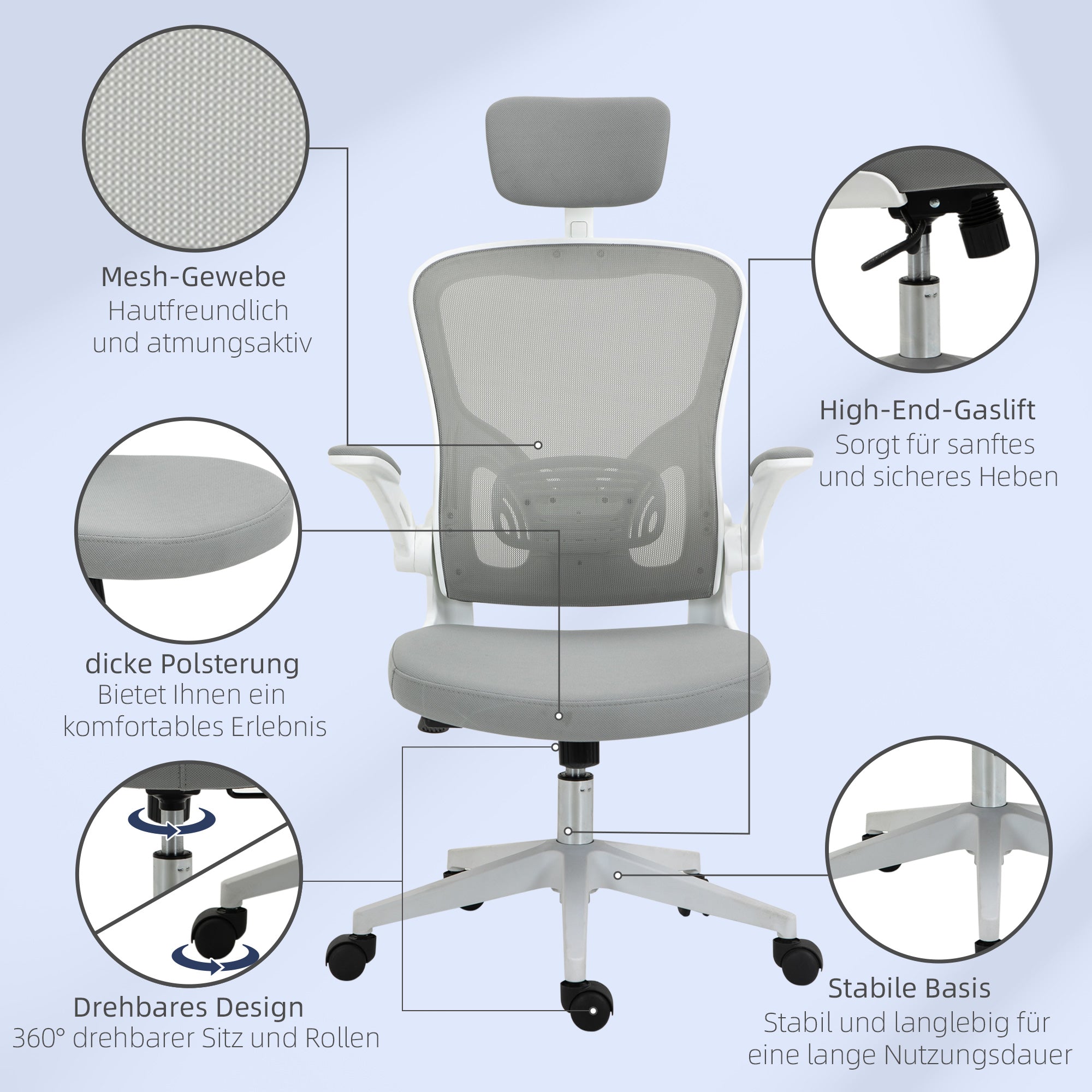 Office Chair Ergonomic Desk Chair with Rocking Function High Back Lumbar Support Headrest Foldable Arms Home Office Gray 65 x 64 x 114-122 cm