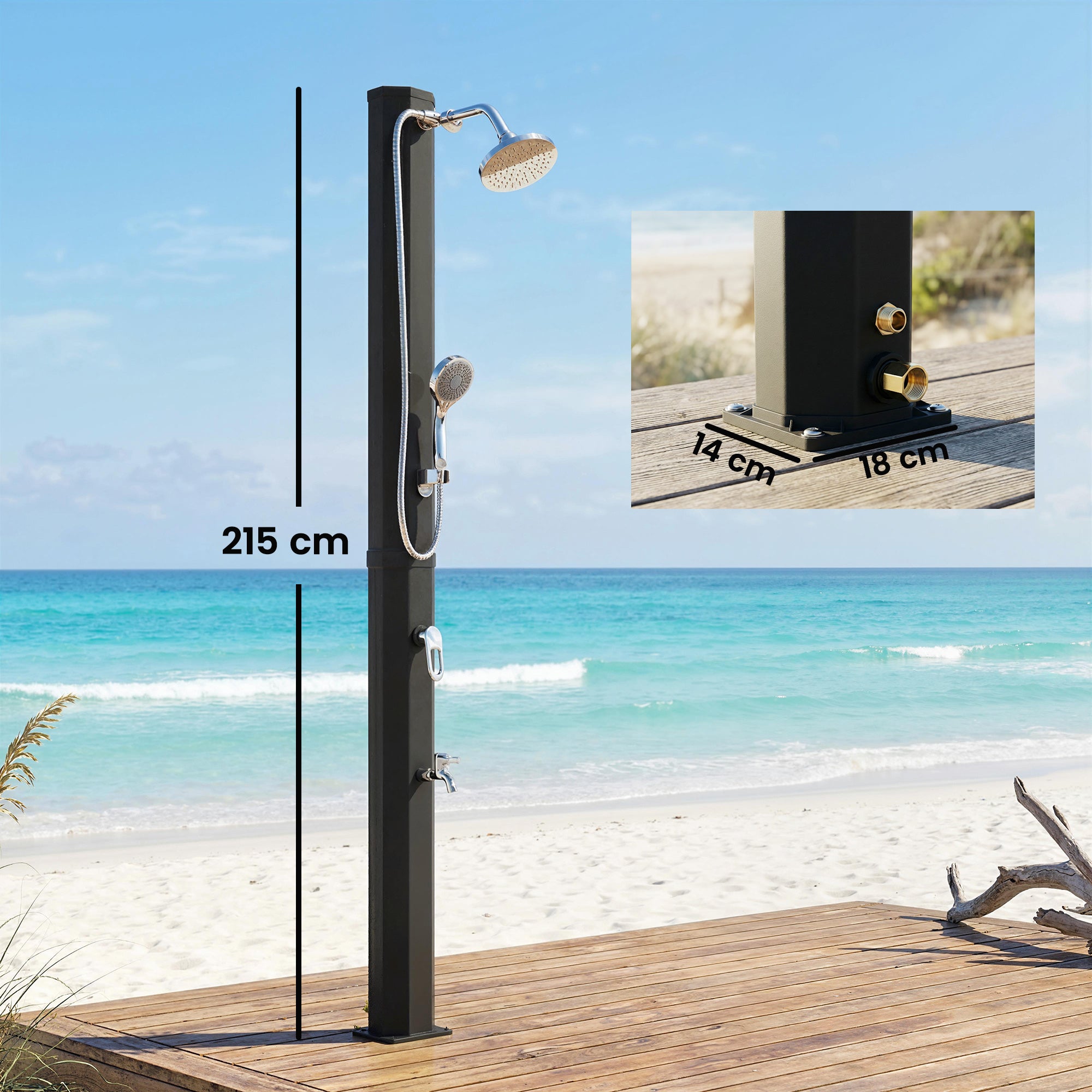 35 L Solar Garden Shower — Anti-Freeze Protection, Dual Rain Showerheads, Foot Tap, Max Water Temp 140°F (60°C), for Pool & Camping, No Electricity, Black