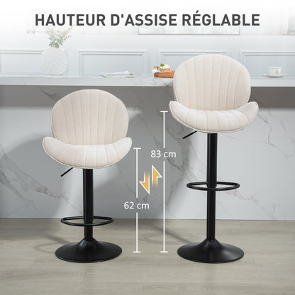 Set of 2 Bar Stools, Swivel Bar Chairs, Seashell Shape, High Kitchen Chair with Backrest, Adjustable Height and Footrest, Steel Frame, Beige