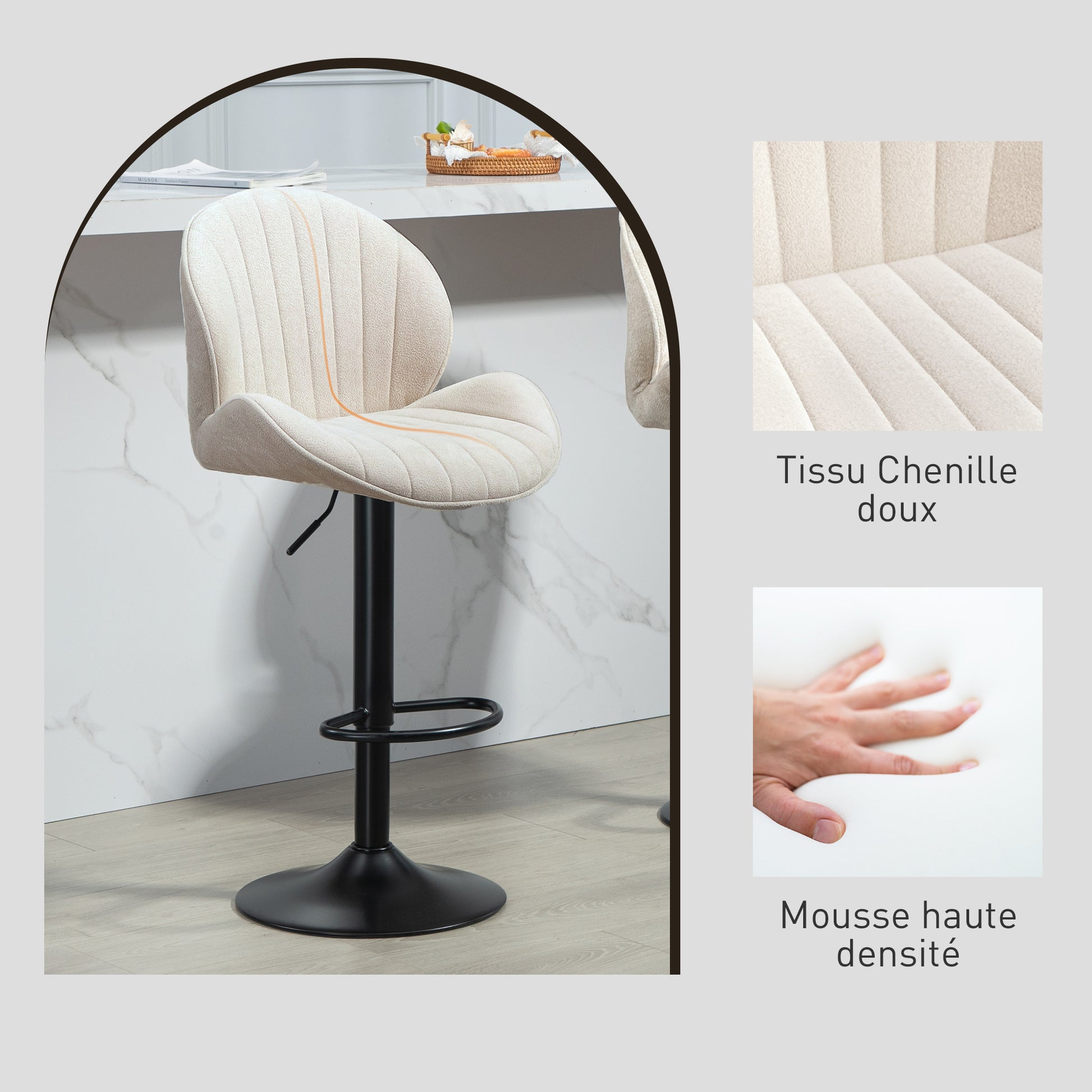 Set of 2 Bar Stools, Swivel Bar Chairs, Seashell Shape, High Kitchen Chair with Backrest, Adjustable Height and Footrest, Steel Frame, Beige