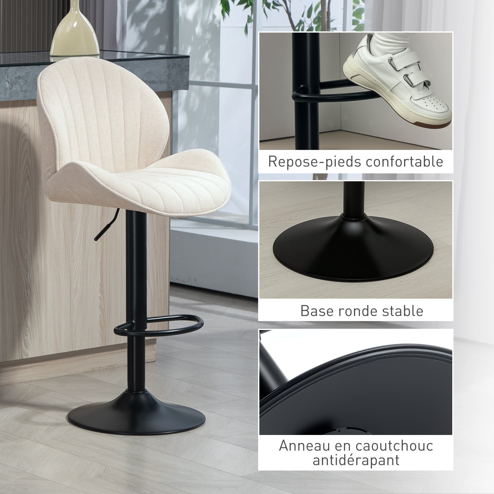 Set of 2 Bar Stools, Swivel Bar Chairs, Seashell Shape, High Kitchen Chair with Backrest, Adjustable Height and Footrest, Steel Frame, Beige