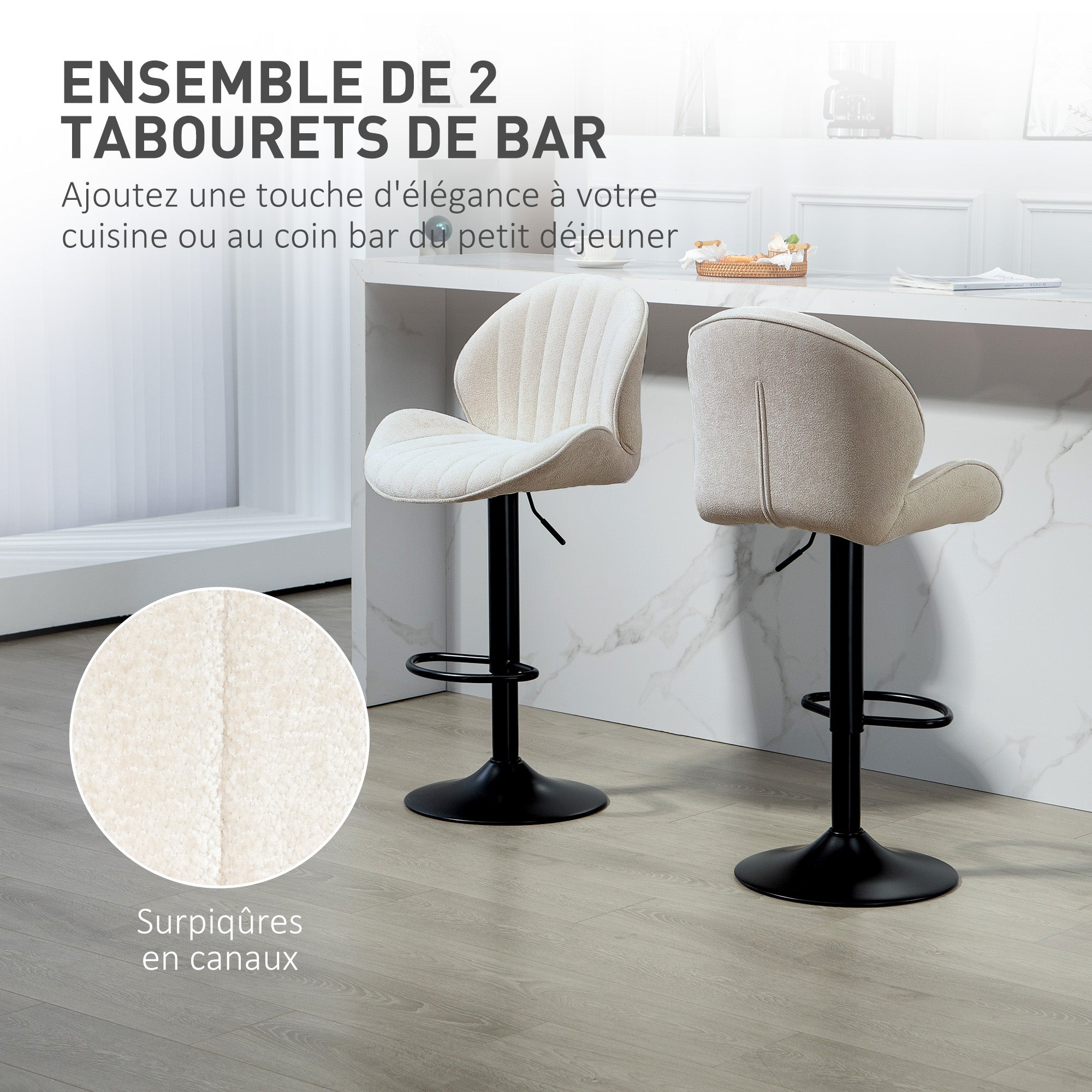 Set of 2 Bar Stools, Swivel Bar Chairs, Seashell Shape, High Kitchen Chair with Backrest, Adjustable Height and Footrest, Steel Frame, Beige