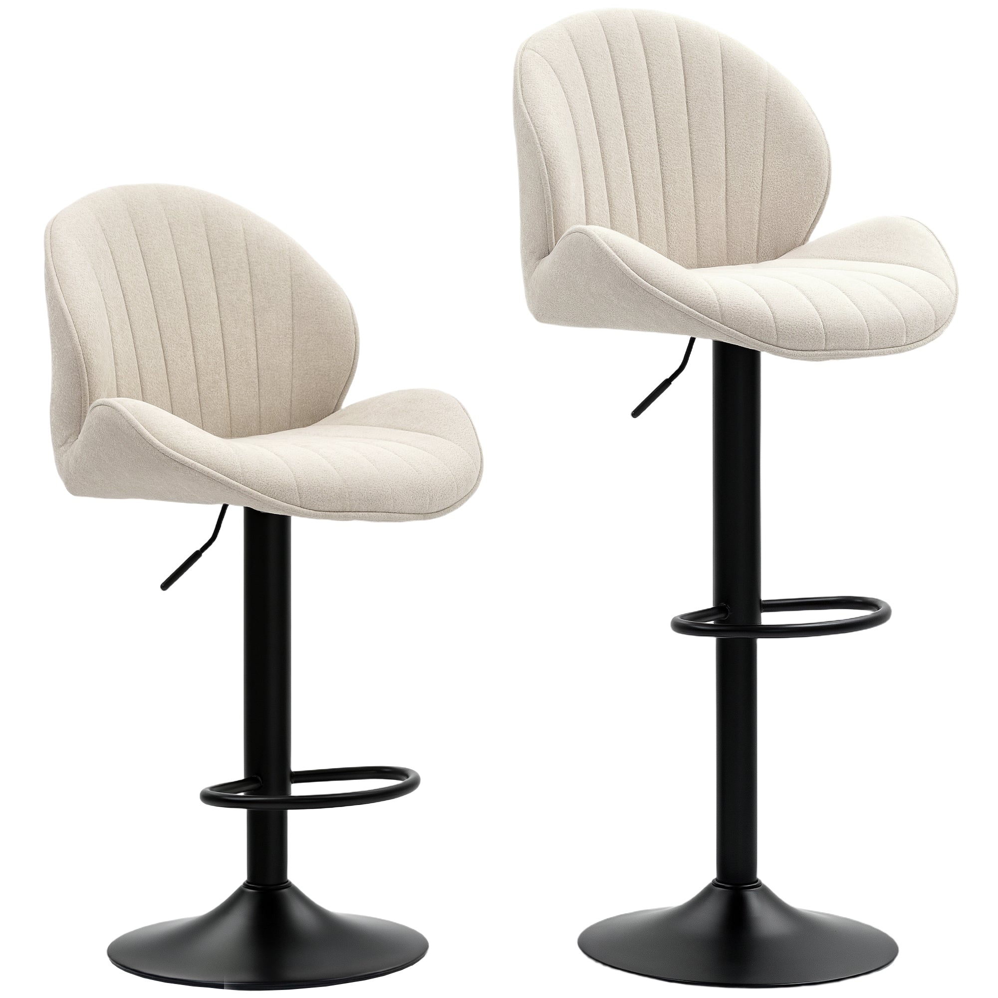 Set of 2 Bar Stools, Swivel Bar Chairs, Seashell Shape, High Kitchen Chair with Backrest, Adjustable Height and Footrest, Steel Frame, Beige