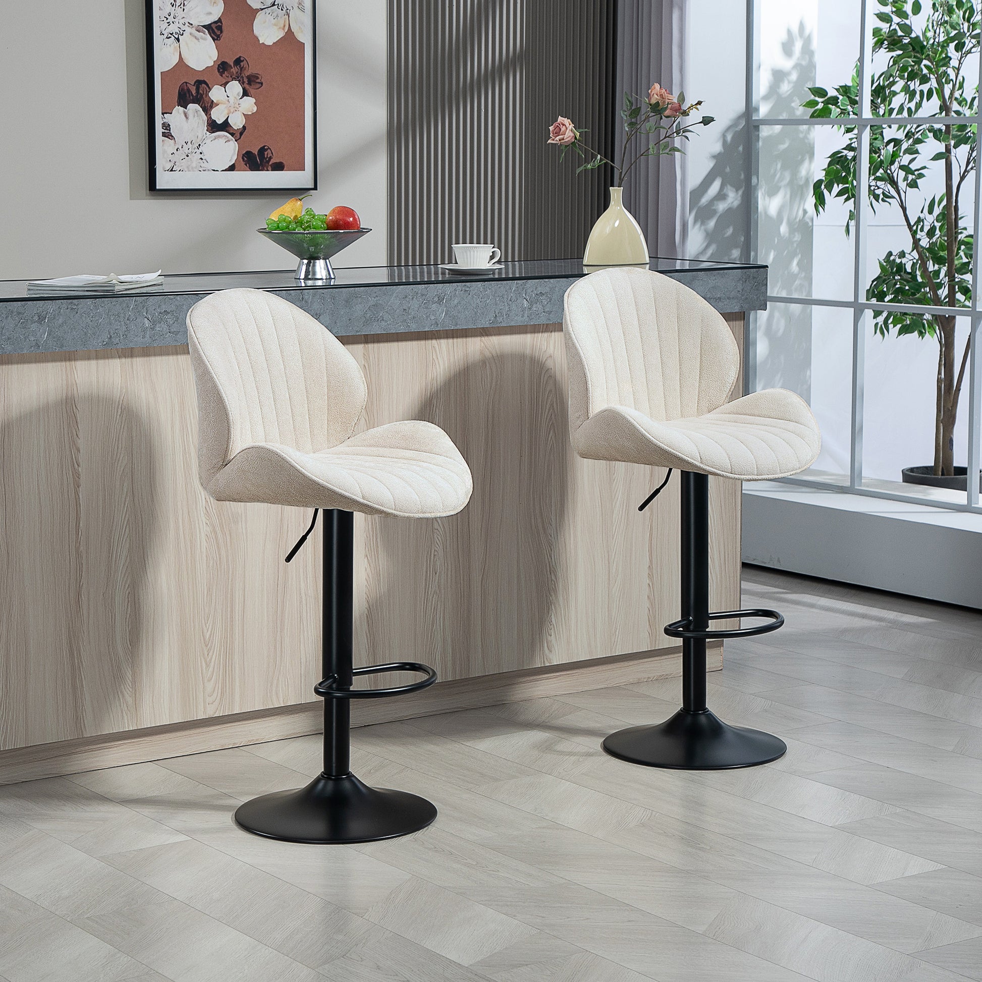 Set of 2 Bar Stools, Swivel Bar Chairs, Seashell Shape, High Kitchen Chair with Backrest, Adjustable Height and Footrest, Steel Frame, Beige