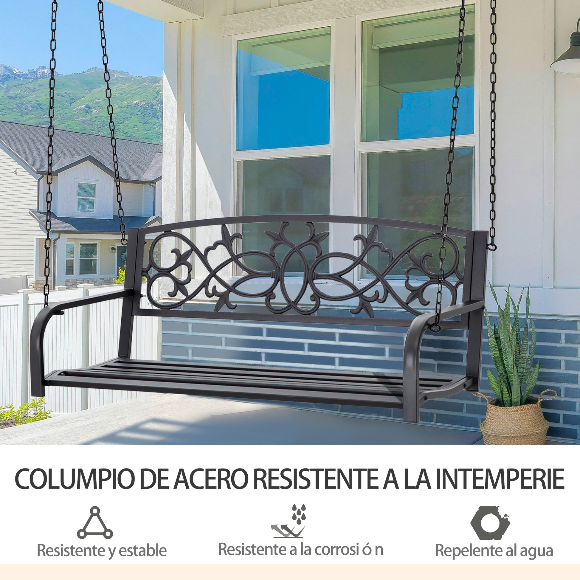 2-Seater Hanging Steel Swing Bench with Armrests Max Load 240 kg for Garden Terrace Balcony Outdoor 127x59.5x52 cm Black