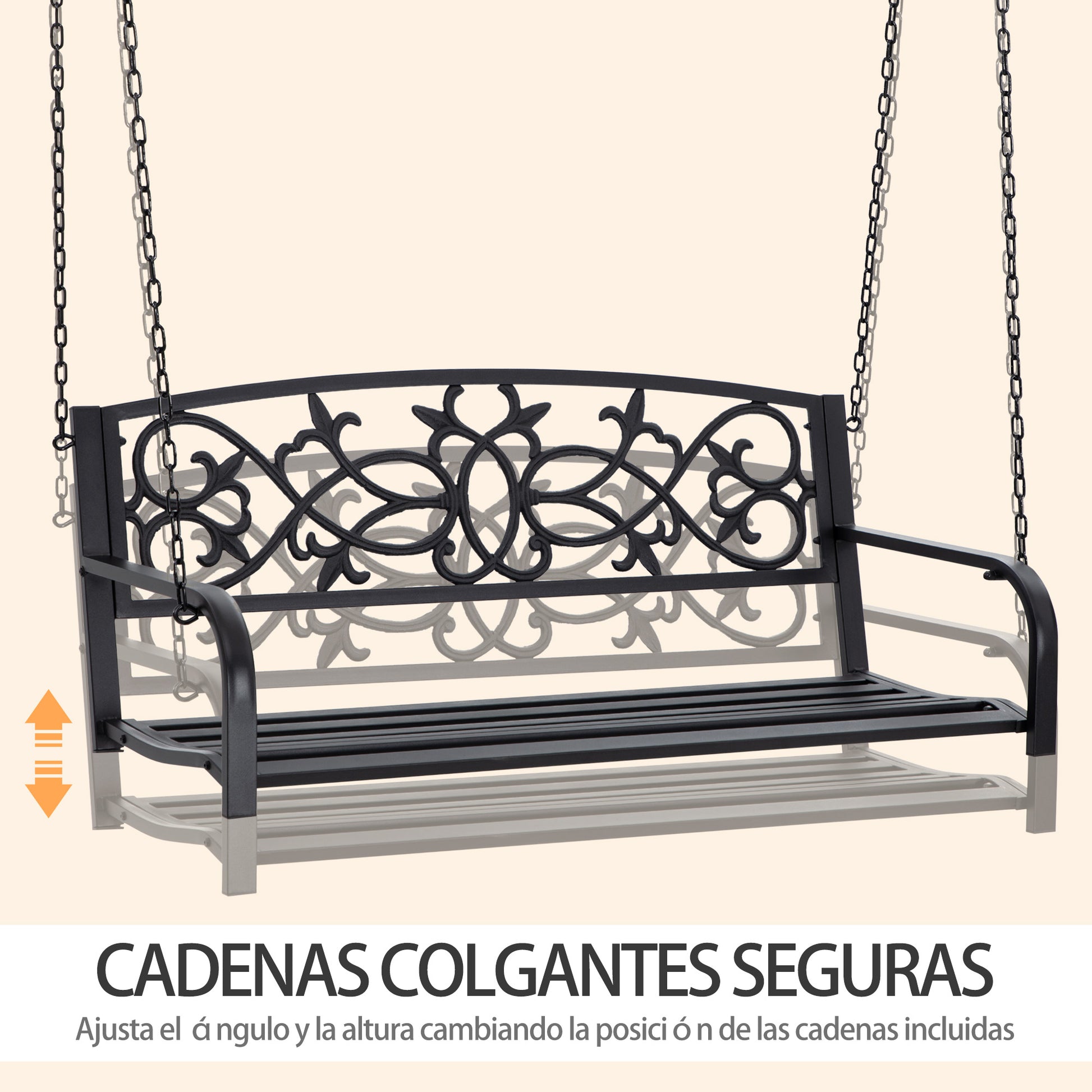 2-Seater Hanging Steel Swing Bench with Armrests Max Load 240 kg for Garden Terrace Balcony Outdoor 127x59.5x52 cm Black
