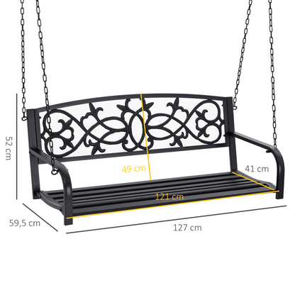2-Seater Hanging Steel Swing Bench with Armrests Max Load 240 kg for Garden Terrace Balcony Outdoor 127x59.5x52 cm Black