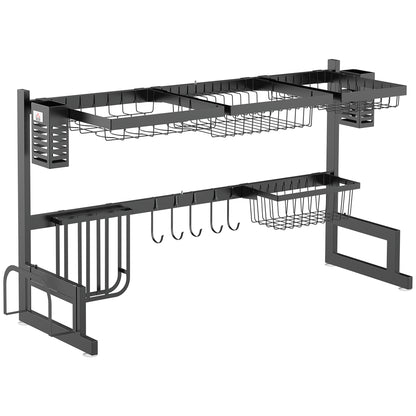 Dish Drying Rack, 2-Tier Dish Rack with Hooks, Drain Tray, Drain Rack Stand for Kitchen Sink, Steel, Black