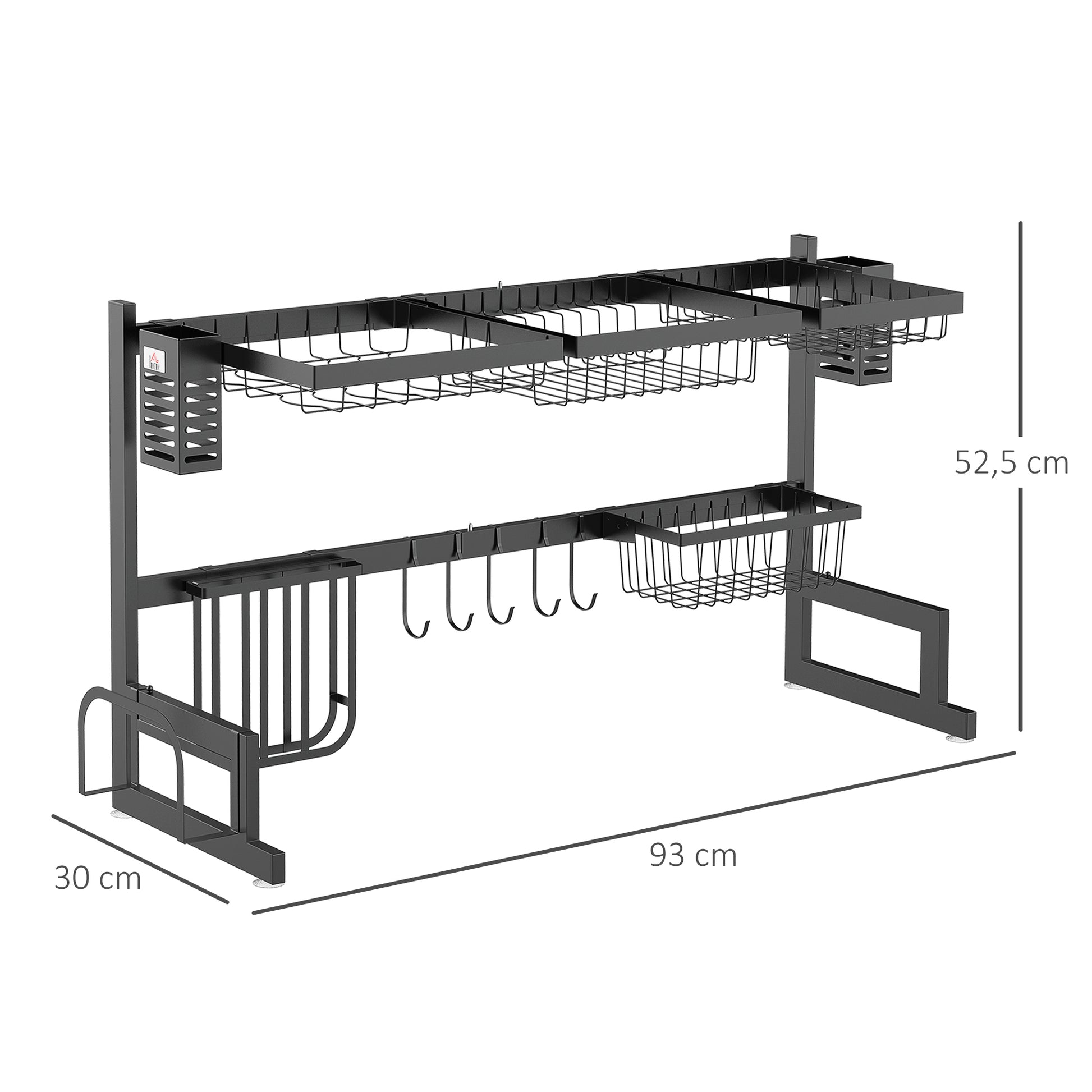 Dish Drying Rack, 2-Tier Dish Rack with Hooks, Drain Tray, Drain Rack Stand for Kitchen Sink, Steel, Black
