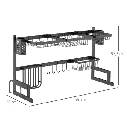 Dish Drying Rack, 2-Tier Dish Rack with Hooks, Drain Tray, Drain Rack Stand for Kitchen Sink, Steel, Black