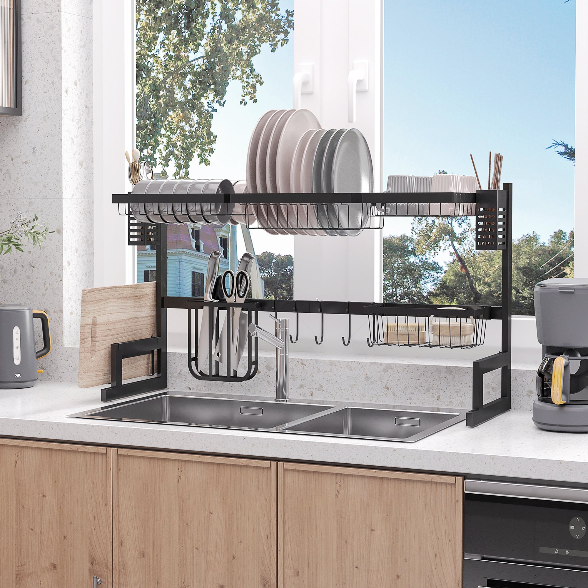 Dish Drying Rack, 2-Tier Dish Rack with Hooks, Drain Tray, Drain Rack Stand for Kitchen Sink, Steel, Black