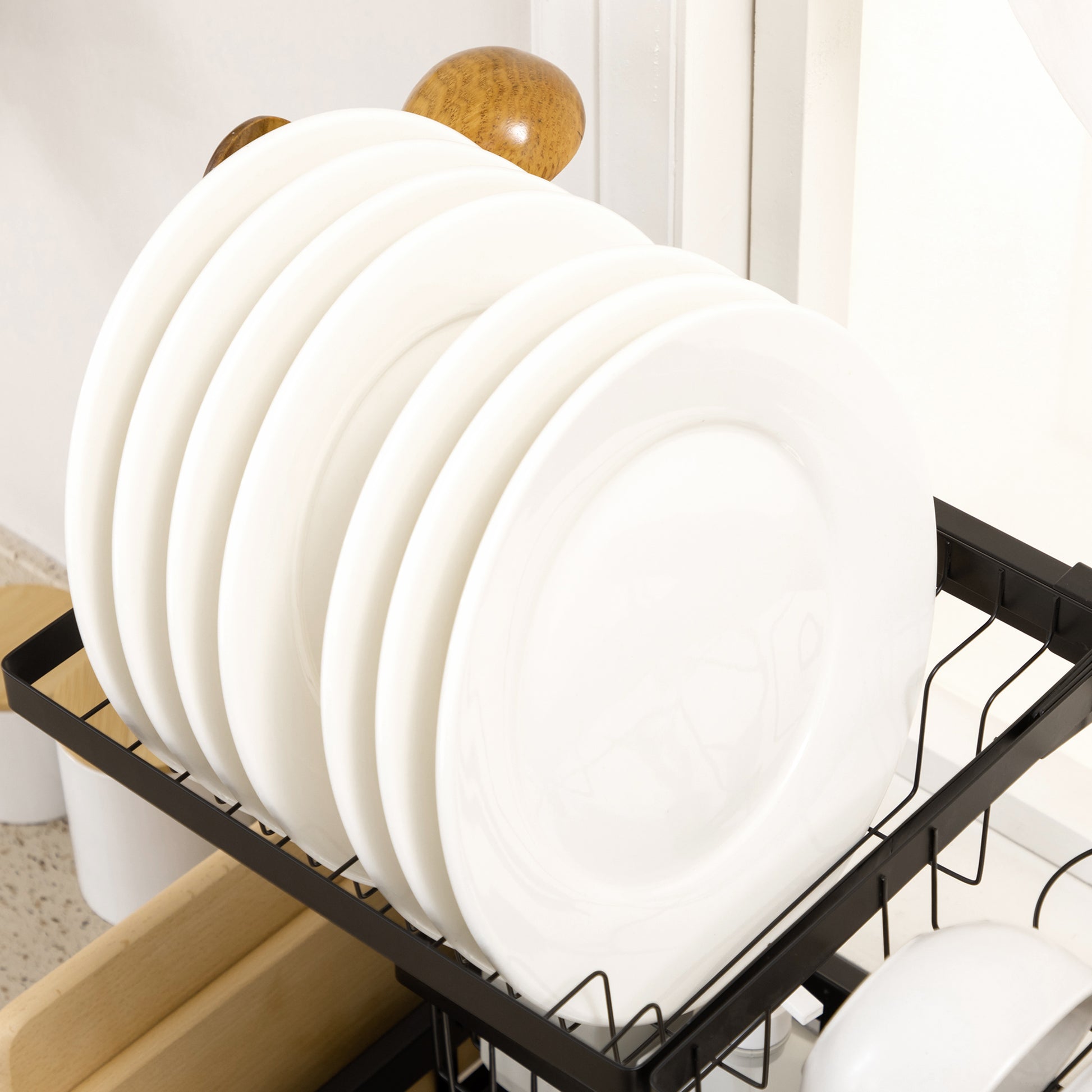 Dish Drying Rack, 2-Tier Dish Rack with Hooks, Drain Tray, Drain Rack Stand for Kitchen Sink, Steel, Black
